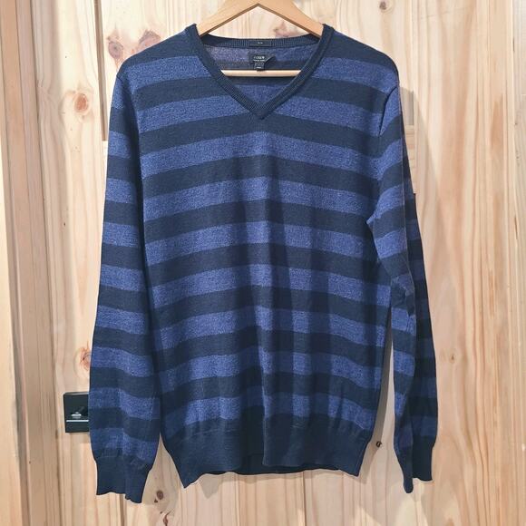 J Crew 100% Merino Wool Sweater Black Navy Stripe V Neck Mens Large Academia - Picture 1 of 8